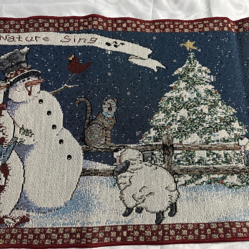 Tapestry 13" x 72" Snowman Cat Sheep Cardinal Tasseled Table Runner Made USA - Picture 6 of 9